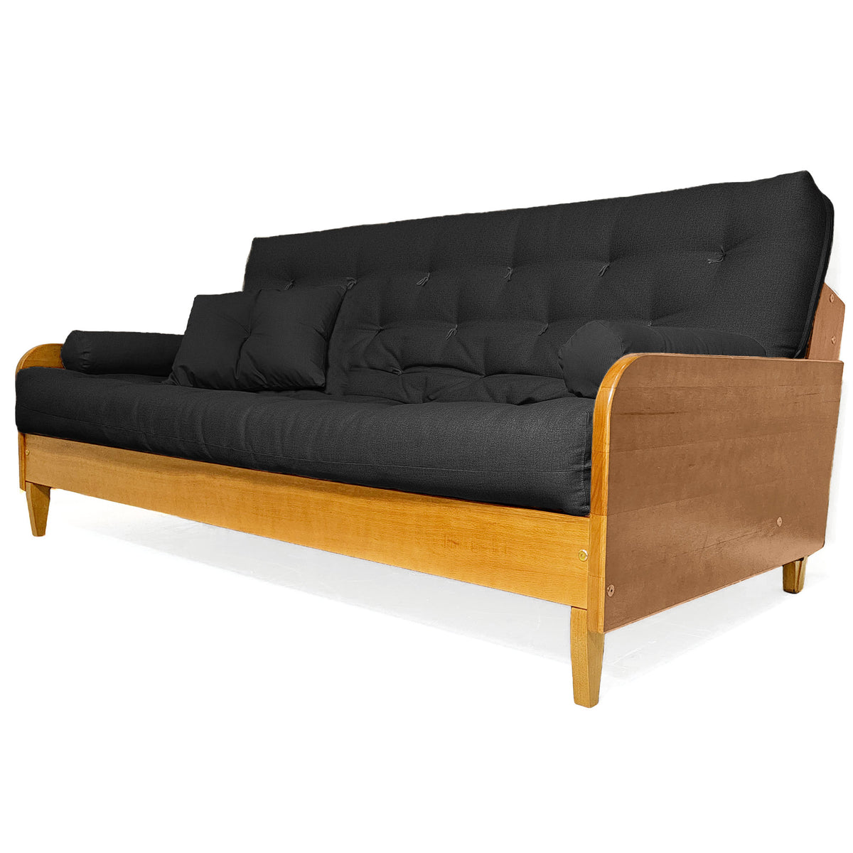 Sofá De Madeira Nobre Cor Mel Futon Paris - Tecido Acquablock Cor Preto
