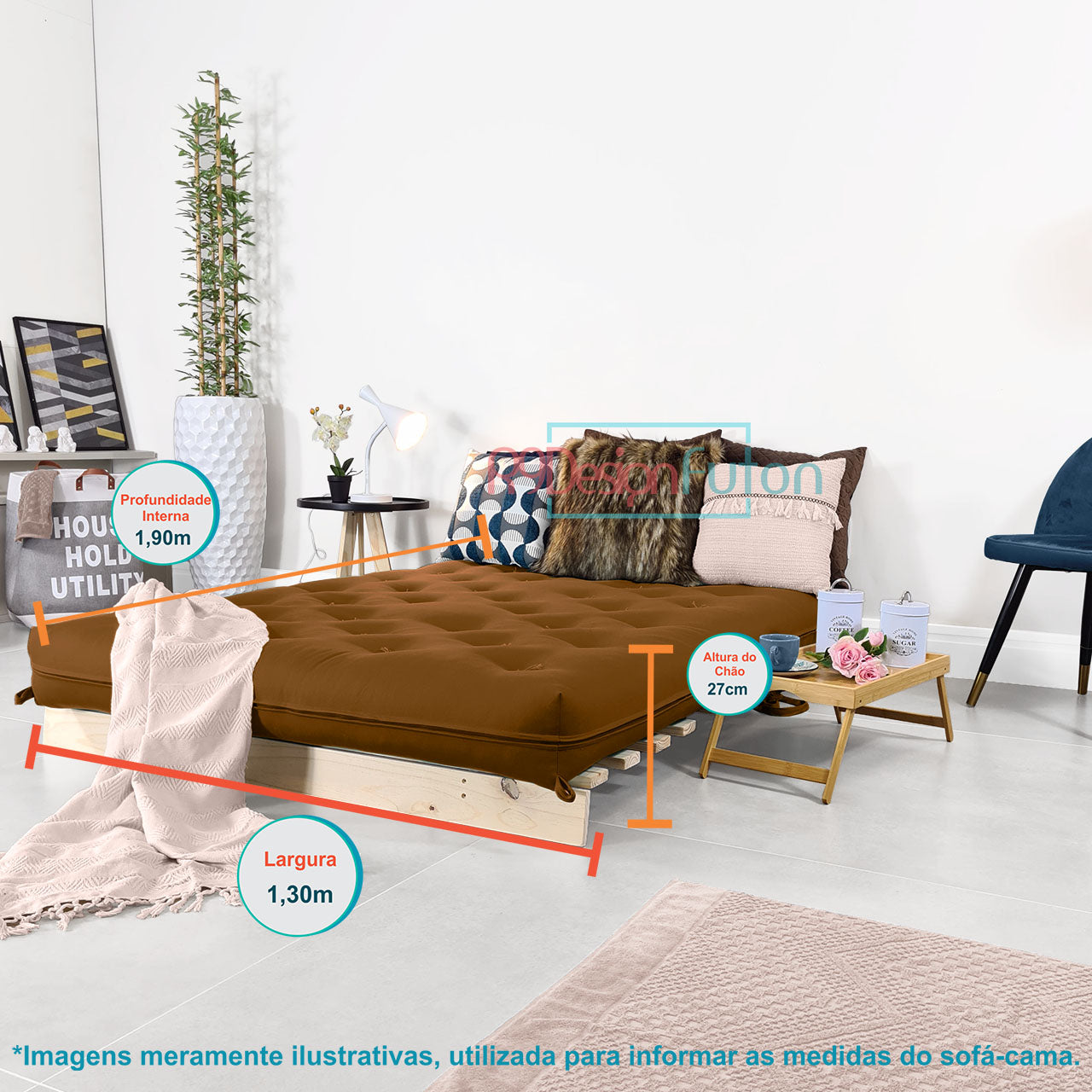 Sofá Cama Casal Futon Tokio D33 Madeira Pinus Natural - Caramelo