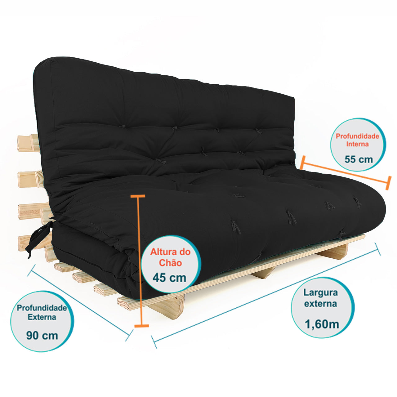 Sofa Cama Futon Oriental King Madeira Pinus Acquablock Preto