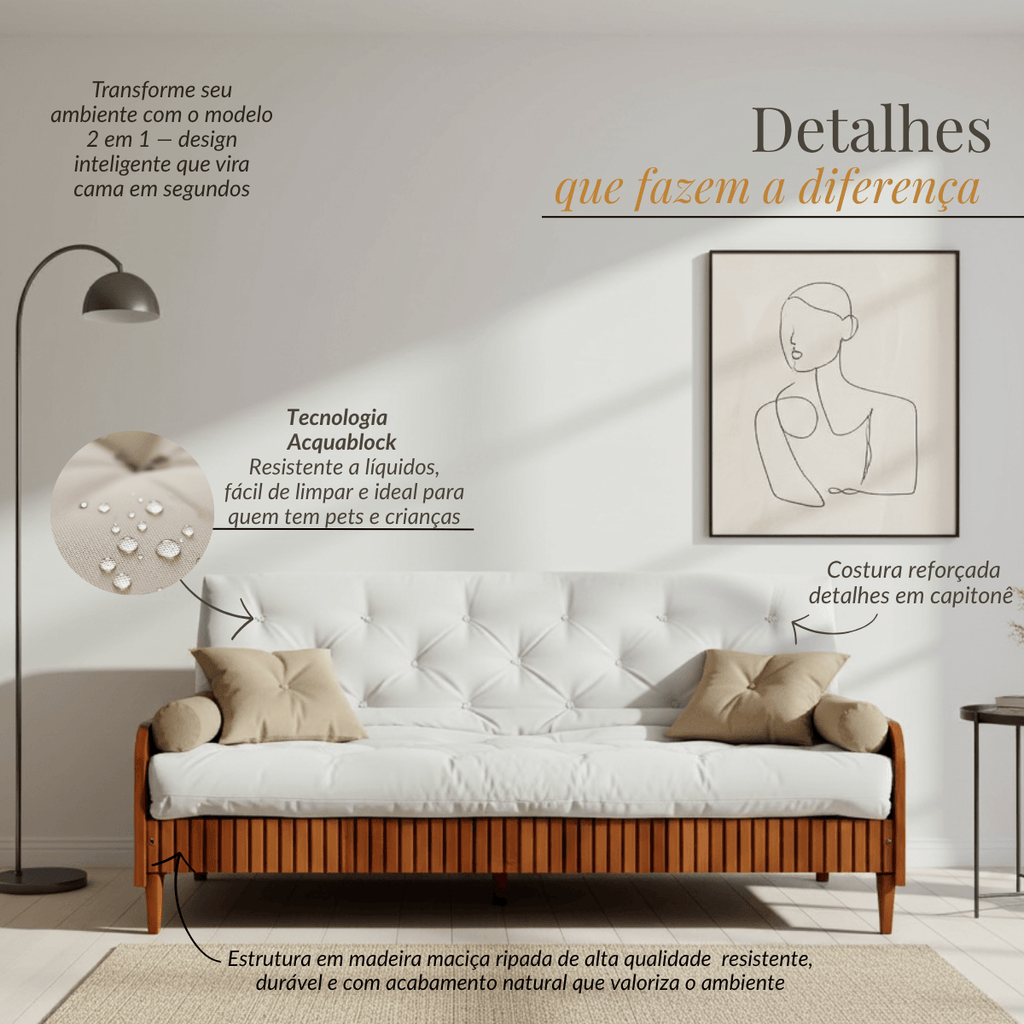 Sofá De Madeira Nobre Ripado Mel Futon Paris - Tecido Acquablock Branco Off