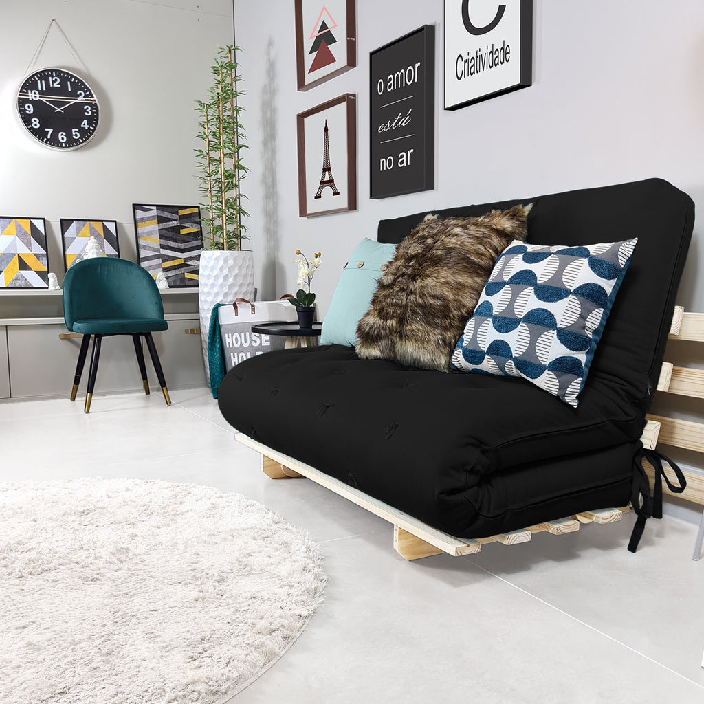 Sofa Cama Casal Futon Oriental D33 Com Madeira Maciça - Preto