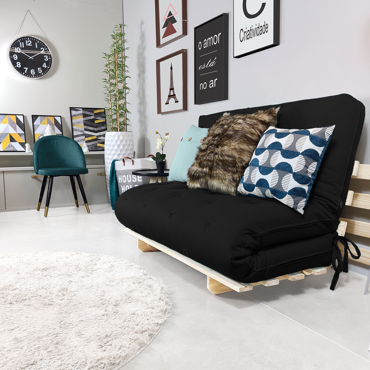 Sofa Cama Casal Futon Oriental D33 Com Madeira Maciça - Preto