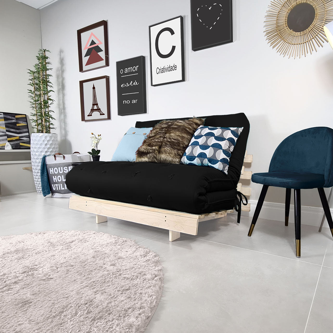 Sofa Cama Futon Casal Tokio Madeira Maciça Acquablock Preto