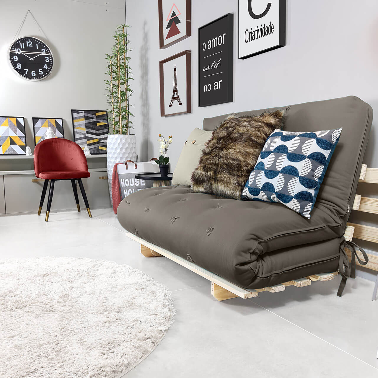 Sofa Cama Casal Futon Oriental Madeira Maciça Sarja Cinza