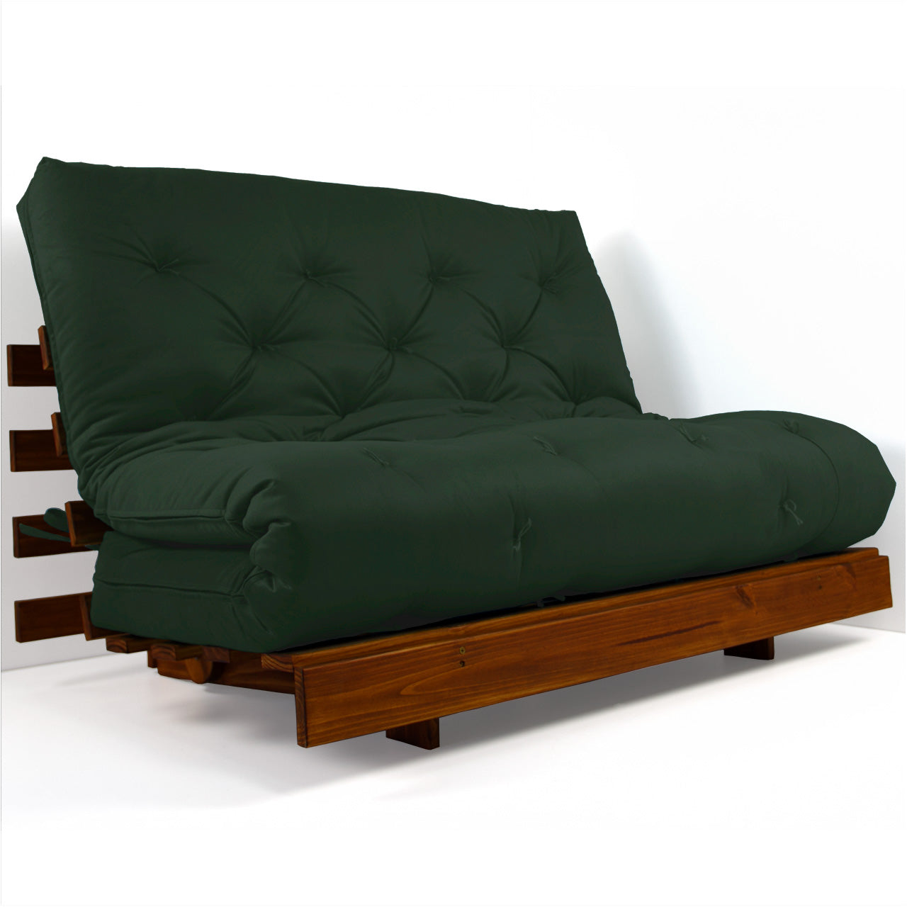 Sofá Cama Casal Futon Tokio D33 Madeira Maciça Cor Imbuia - Verde Militar