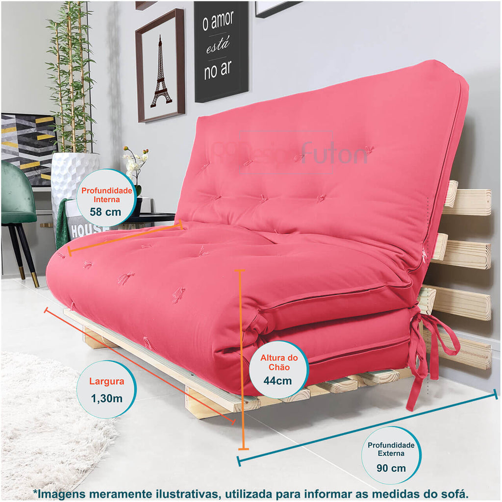 Sofa Cama Casal Futon Oriental Madeira Maciça Sarja Goiaba