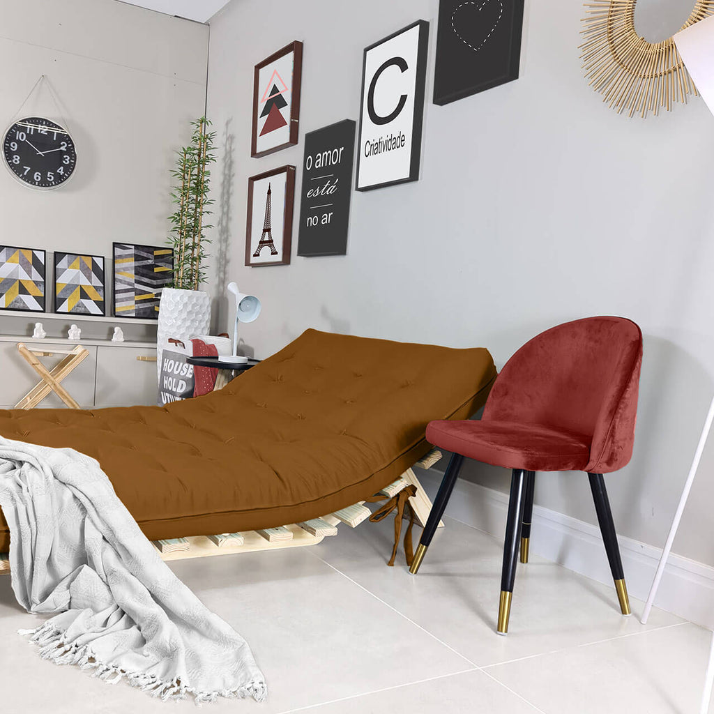 Sofa Cama Casal Futon Oriental  Madeira Maciça Sarja Caramelo
