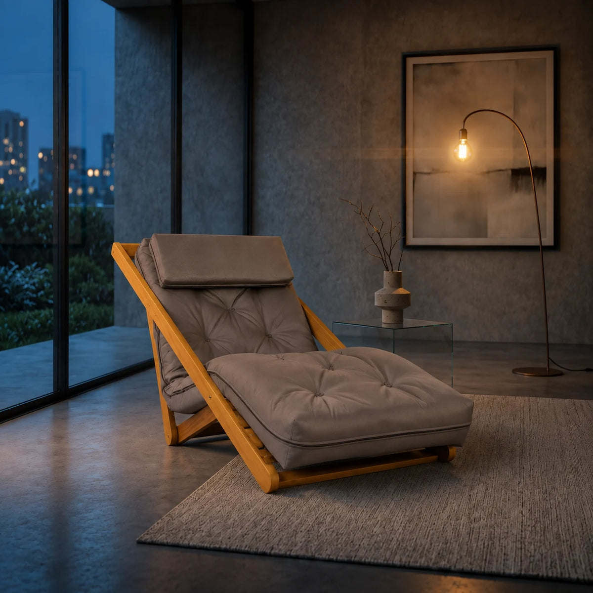 Poltrona New York Reclin�vel Solteiro Sala de Estar Madeira Pinus Sarja Cinza - ambientada_noturna_r3