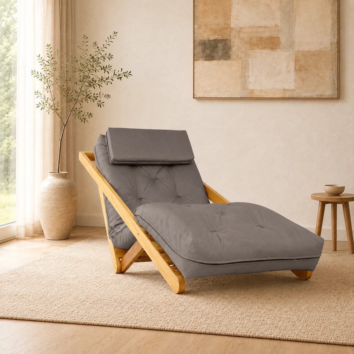 Poltrona New York Reclin�vel Solteiro Sala de Estar Madeira Pinus Sarja Cinza - ambientada