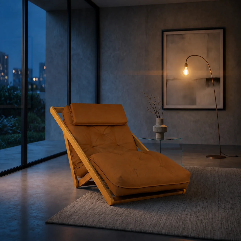 Poltrona New York Reclin�vel Solteiro Sala de Estar Madeira Pinus Sarja Caramelo - ambientada_noturna_r3