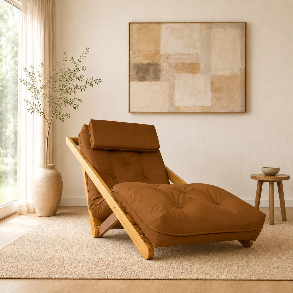 Poltrona New York Reclin�vel Solteiro Sala de Estar Madeira Pinus Sarja Caramelo - ambientada