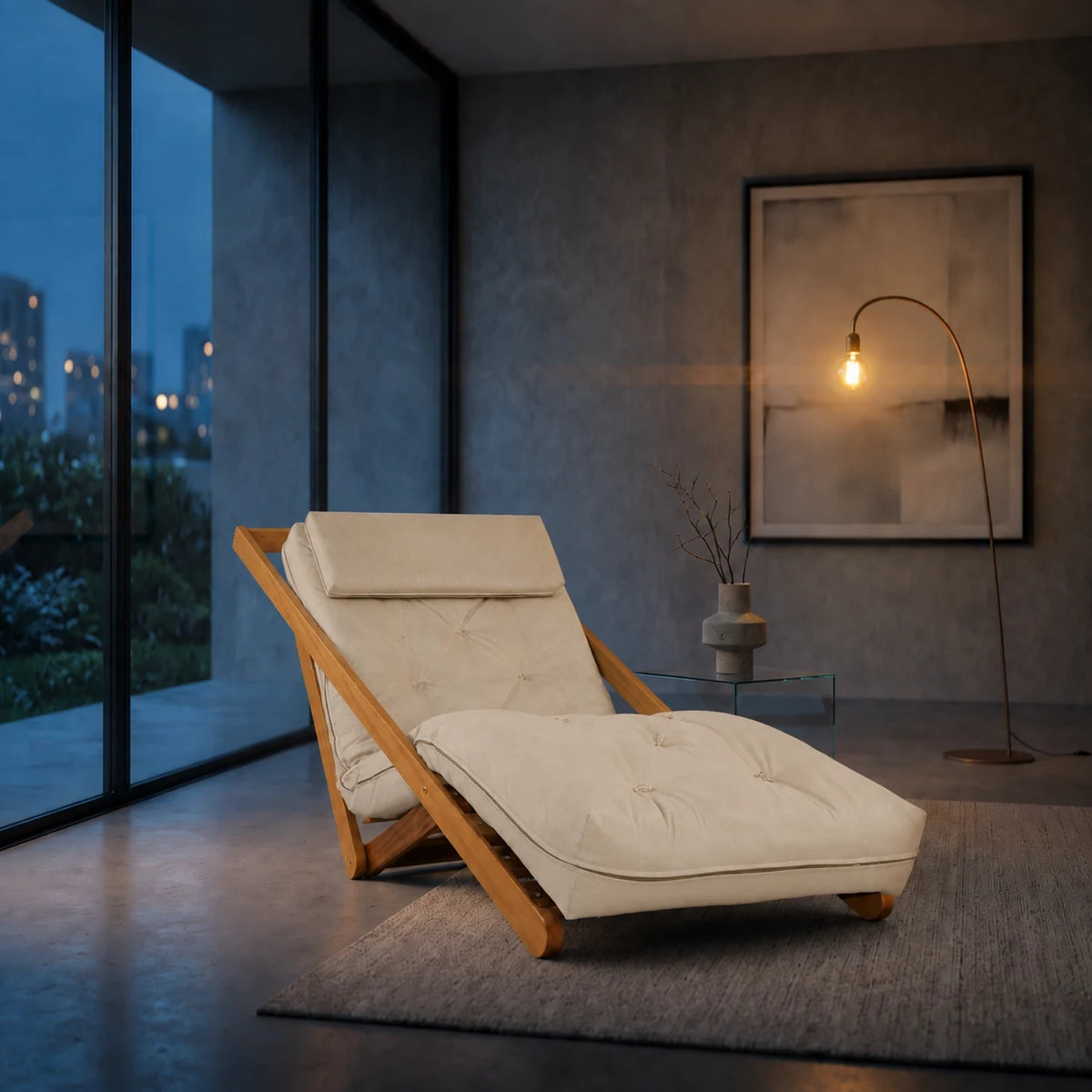 Poltrona New York Reclin�vel Solteiro Sala de Estar Madeira Pinus Sarja Bege - ambientada_noturna_r3