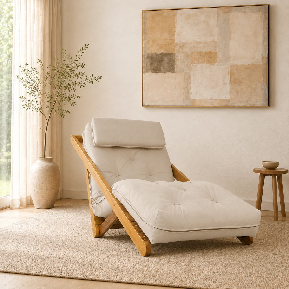 Poltrona New York Reclin�vel Solteiro Sala de Estar Madeira Pinus Sarja Bege - ambientada