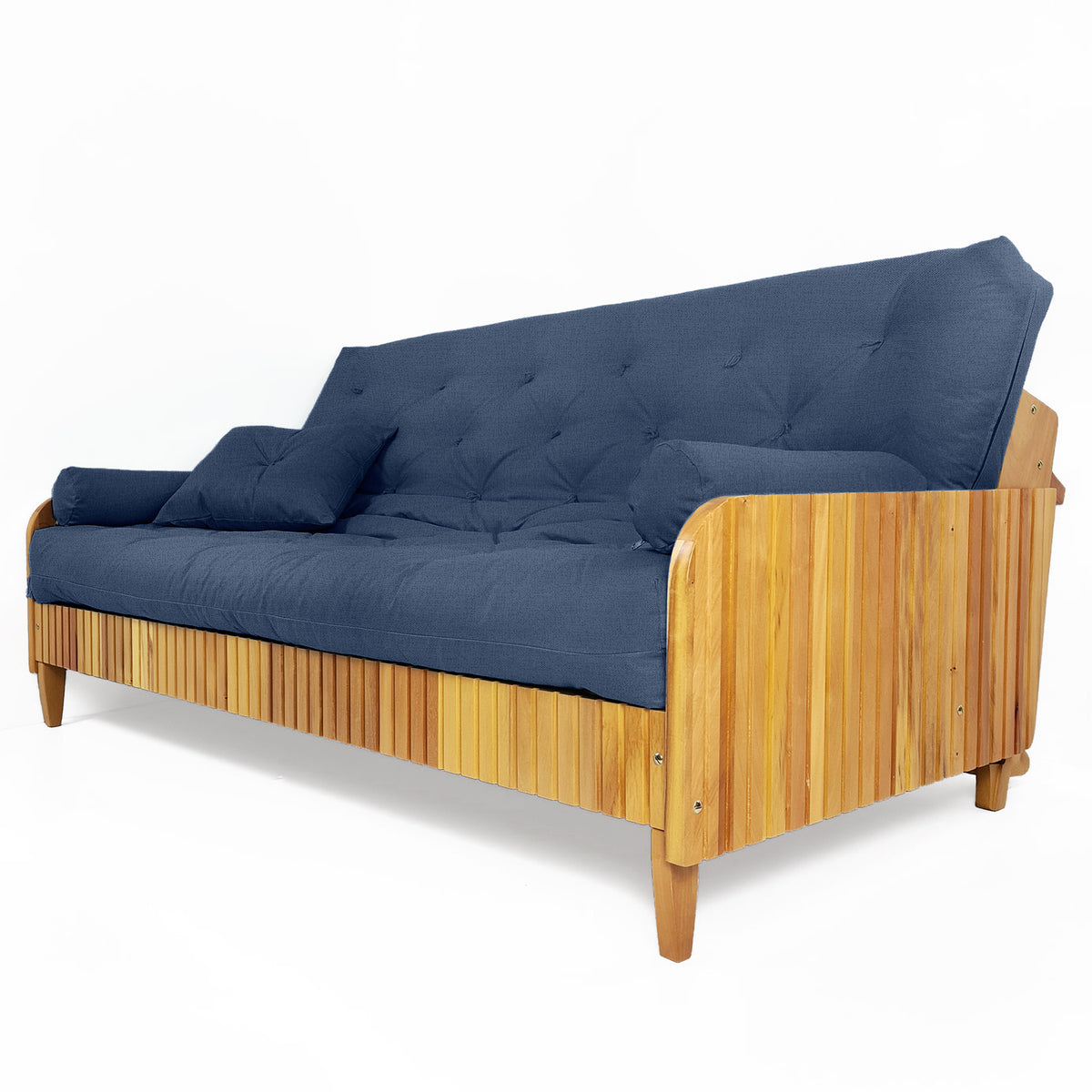 Sofá De Madeira Nobre Ripado Mel Futon Paris - Tecido Acquablock Azul Royal