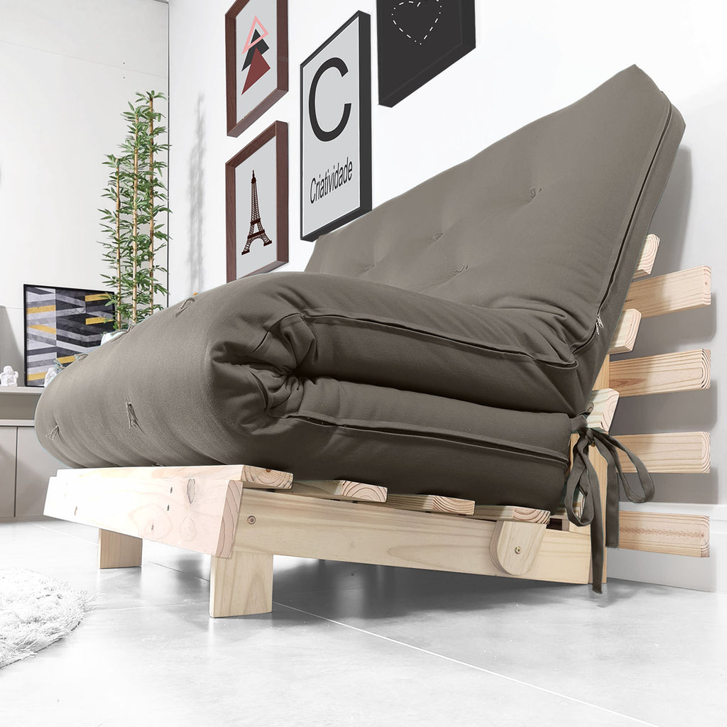 Sofa Cama Futon Casal Tokio Madeira Maciça Sarja Cinza