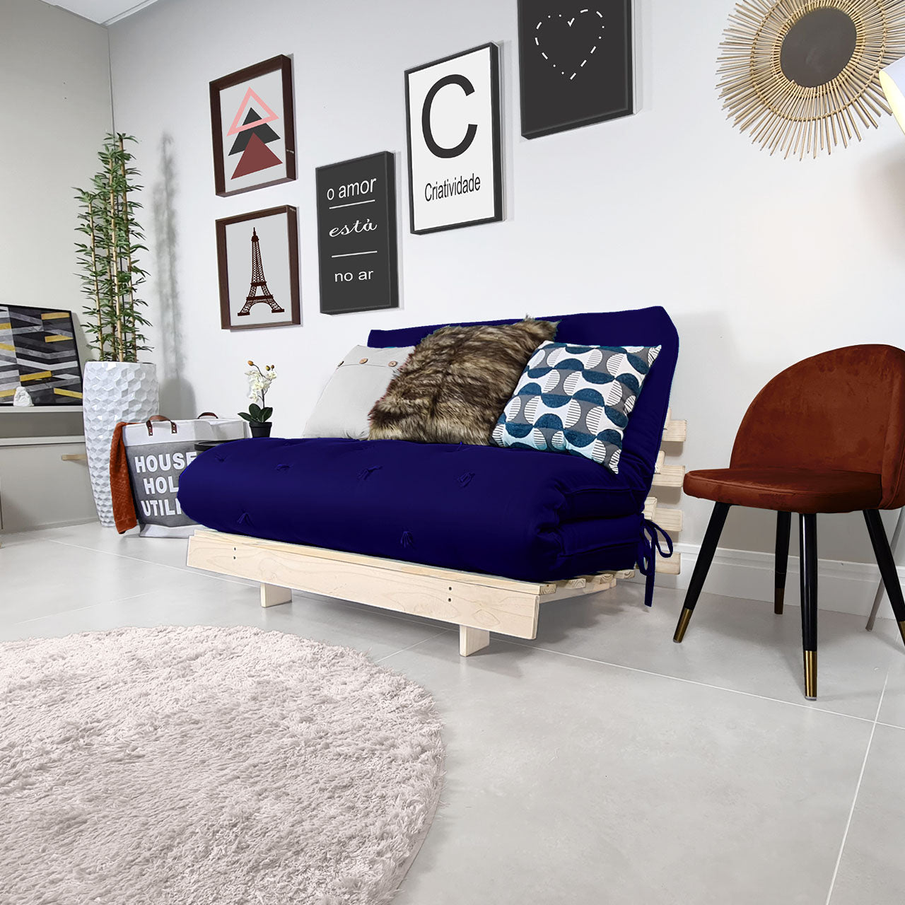 Sofa Cama Futon Casal Tokio Madeira Maciça Acquablock Azul Royal