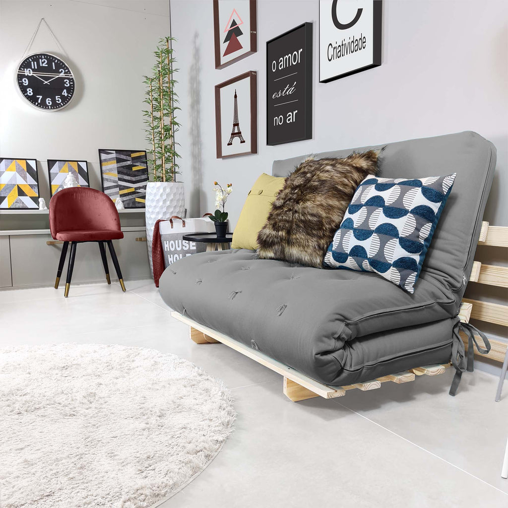 Sofa Cama Casal Futon Oriental D33 Com Madeira Maciça - Cinza