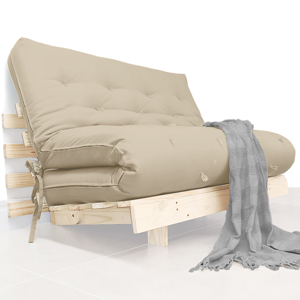 Sofa Cama Futon Casal Tokio Madeira Maciça Sarja Bege