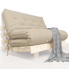 Sofa Cama Futon Casal Tokio Madeira Maciça Sarja Bege