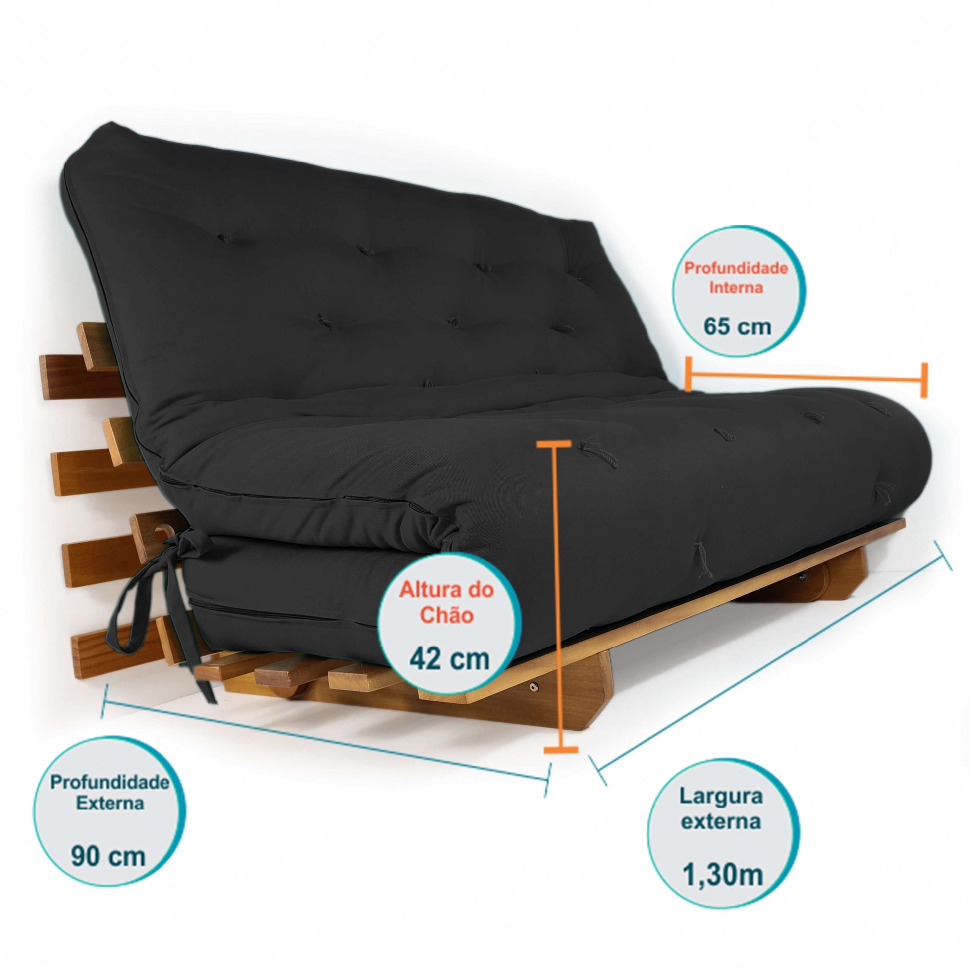 Sofá Cama Casal Futon Oriental Madeira Nobre Natural Preto