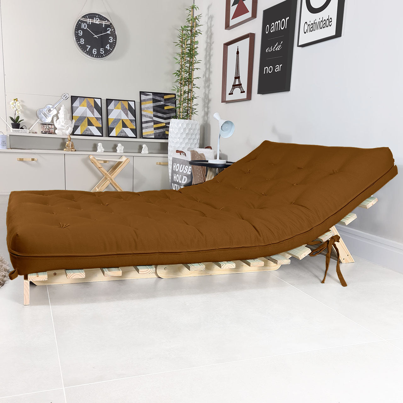Sofa Cama Futon Casal Tokio Madeira Maciça Sarja Caramelo