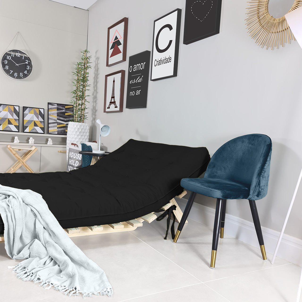 Sofa Cama Futon Casal Tokio Madeira Maciça Acquablock Preto