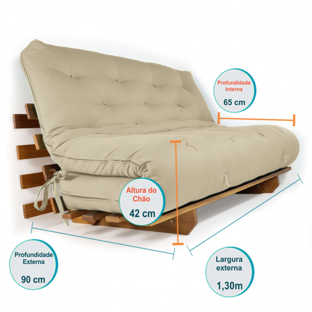 Sofá Cama Casal Futon Oriental Madeira Nobre Natural Bege