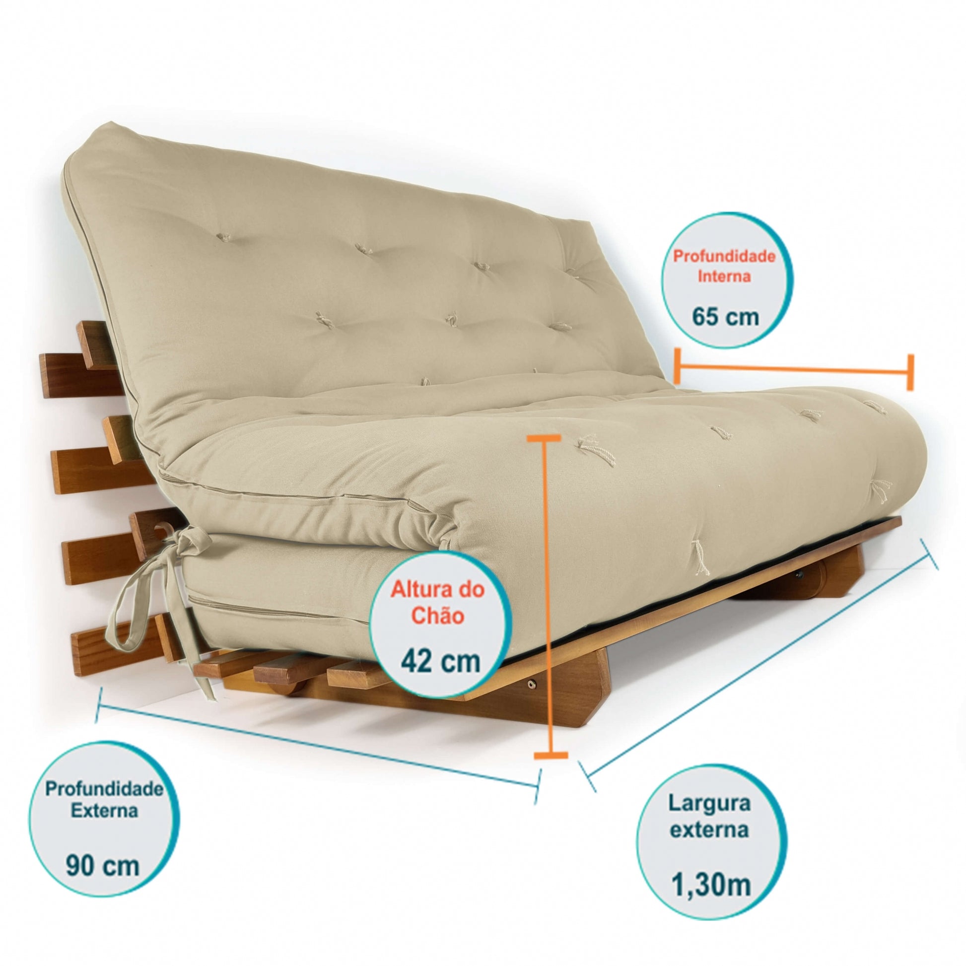 Sofá Cama Casal Futon Oriental Madeira Nobre Natural Bege