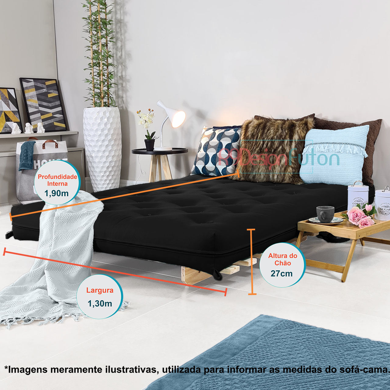 Sofa Cama Casal Futon Oriental Madeira Maciça Acquablock Preto
