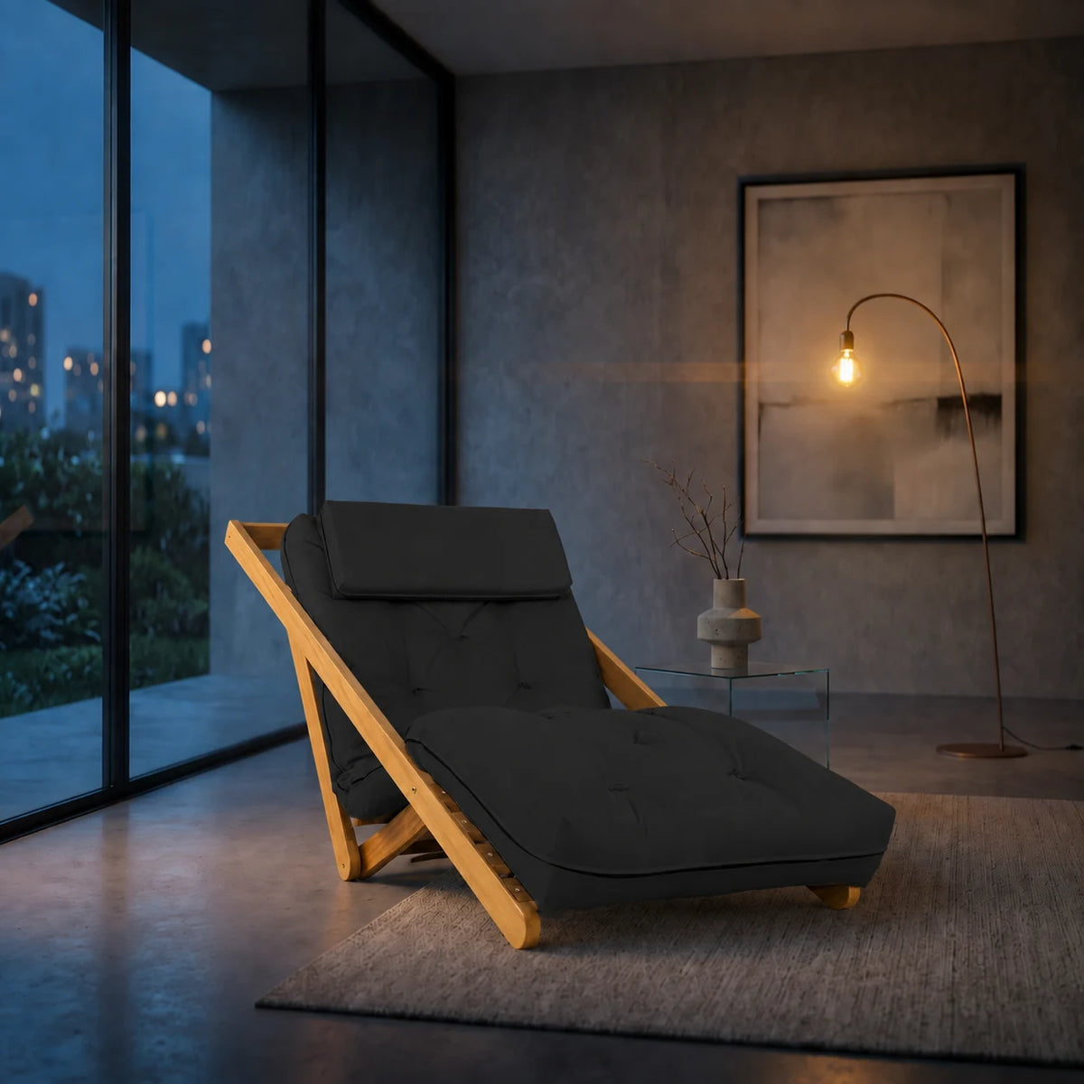 Poltrona New York Reclin�vel Solteiro Sala de Estar Madeira Pinus Acquablock Preta - ambientada_noturna_r3
