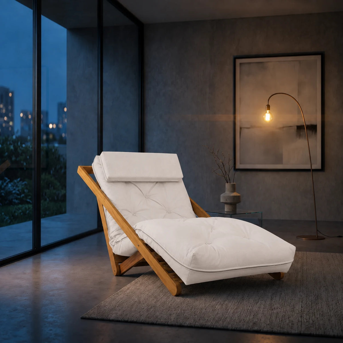 Poltrona New York Reclin�vel Solteiro Sala de Estar Madeira Pinus Acquablock Branco Off - ambientada_noturna_r3