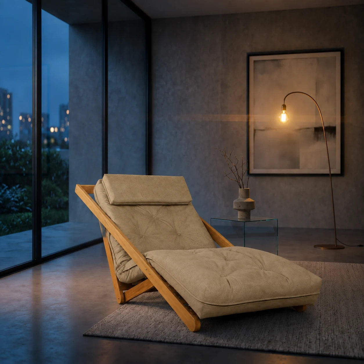 Poltrona New York Reclin�vel Solteiro Sala de Estar Madeira Pinus Acquablock Cinza Fendi - ambientada_noturna_r3
