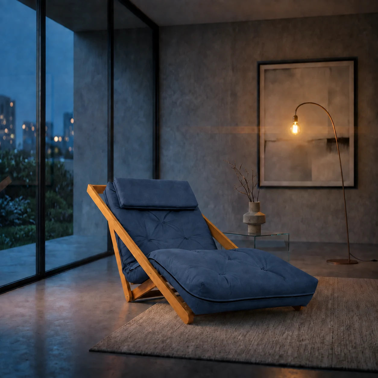 Poltrona New York Reclin�vel Solteiro Sala de Estar Madeira Pinus Acquablock Azul Royal - ambientada_noturna_r3