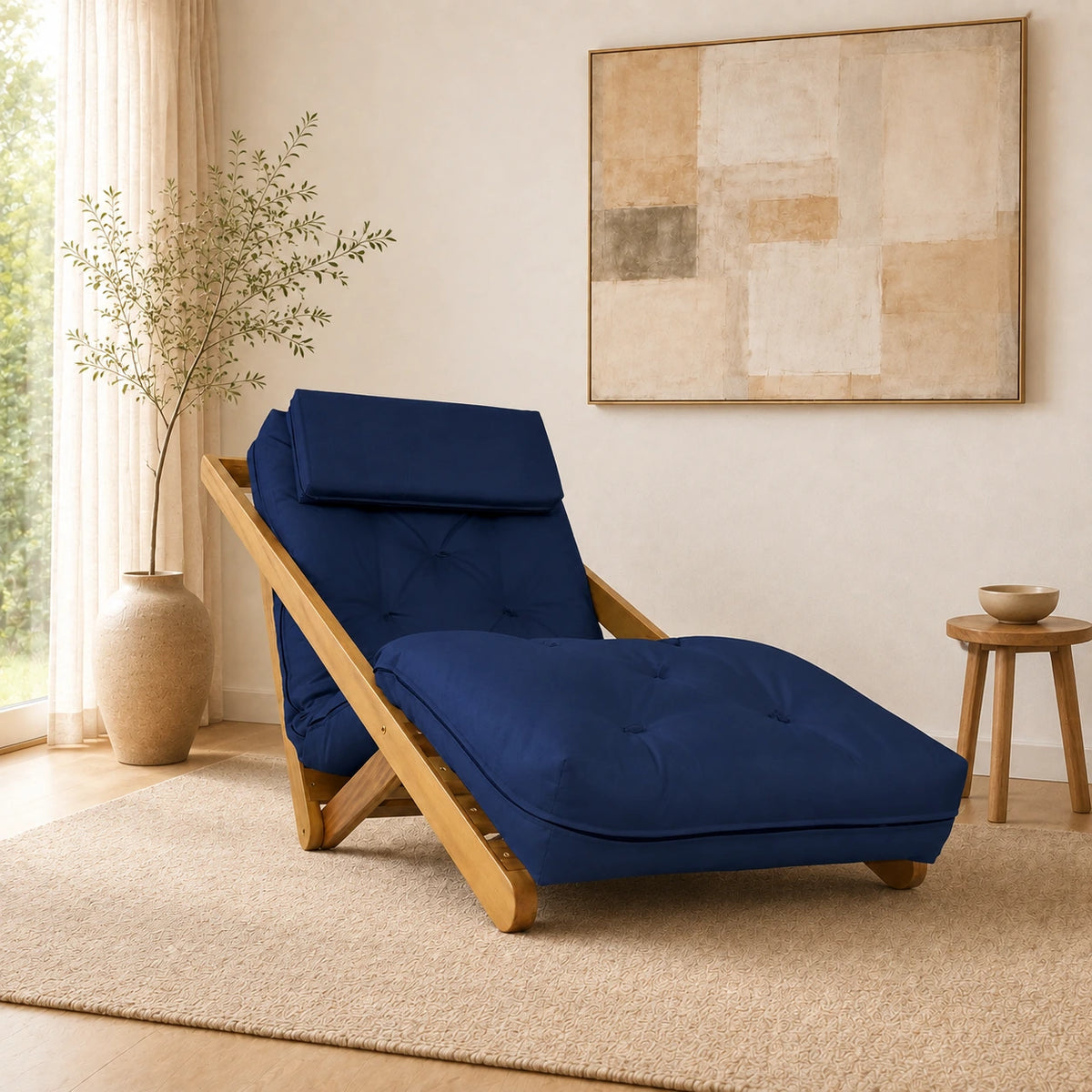 Poltrona New York Reclin�vel Solteiro Sala de Estar Madeira Pinus Acquablock Azul Royal - ambientada