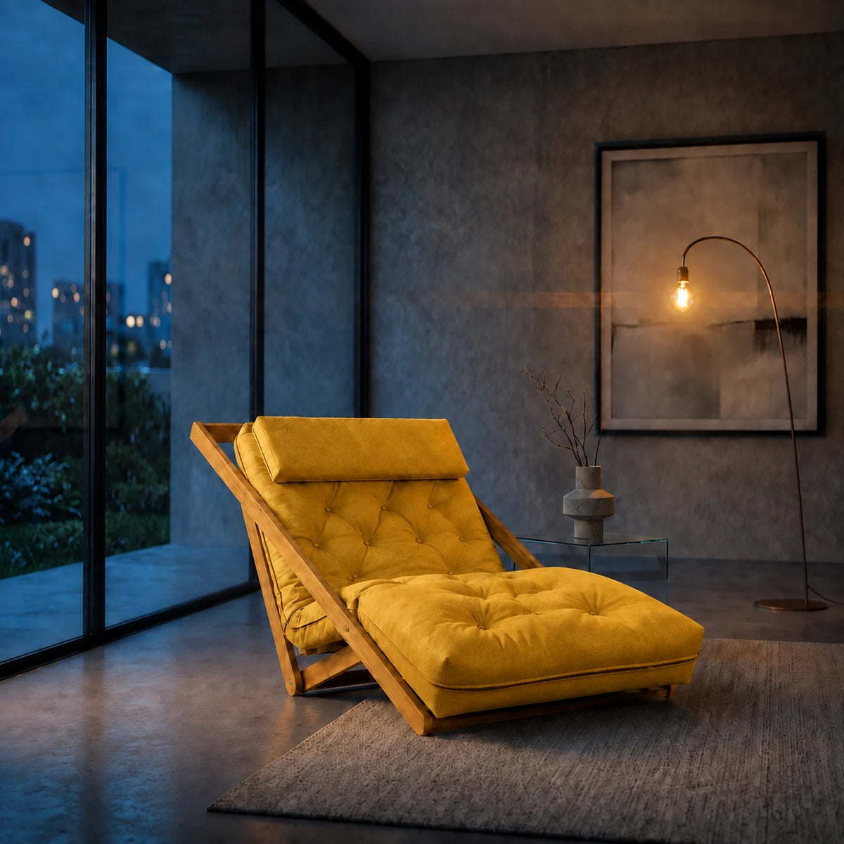 Poltrona New York Reclin�vel Solteiro Sala de Estar Madeira Pinus Acquablock Amarelo - ambientada_noturna_r3
