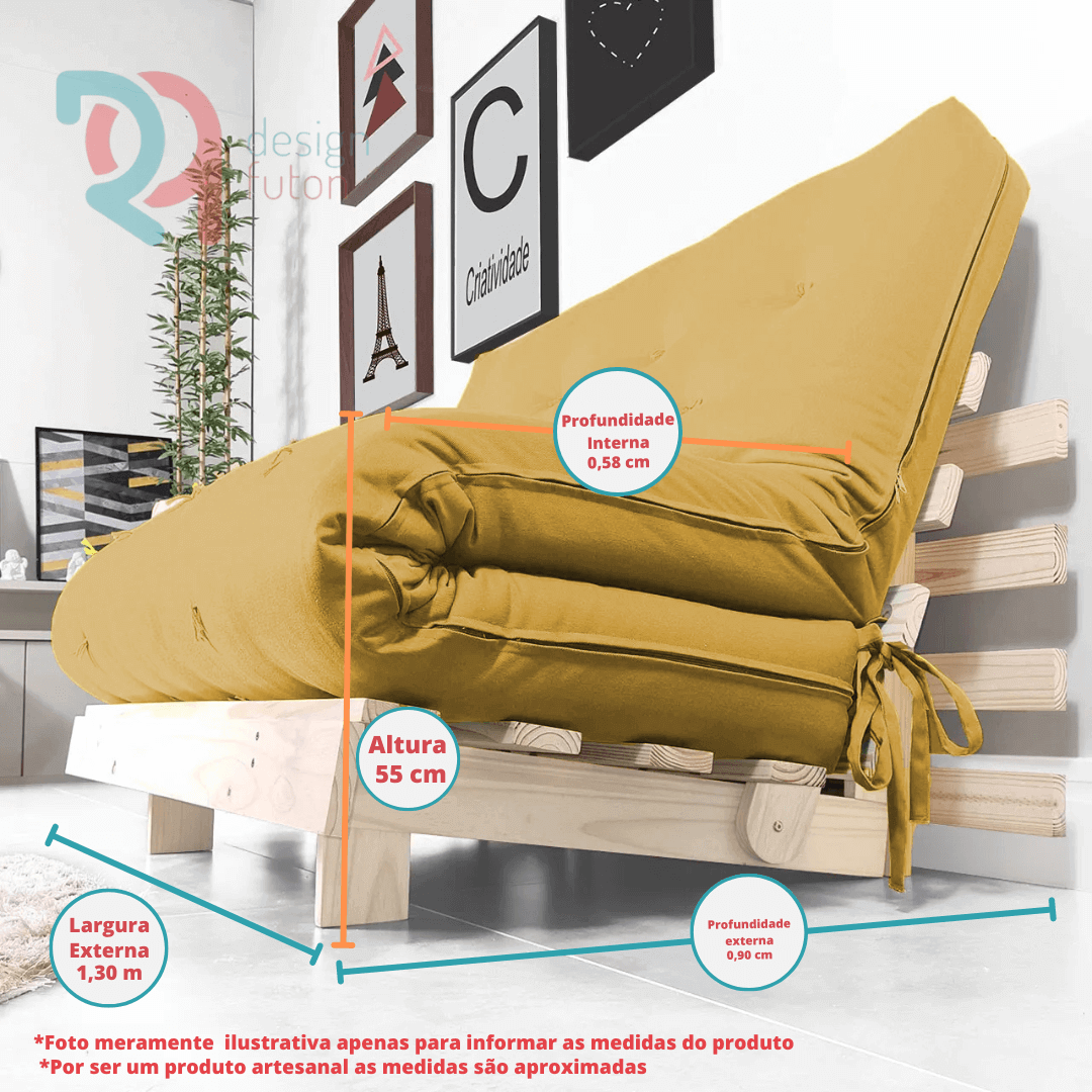 Sofa Cama Futon Casal Tokio Madeira Maciça Acquablock Amarelo