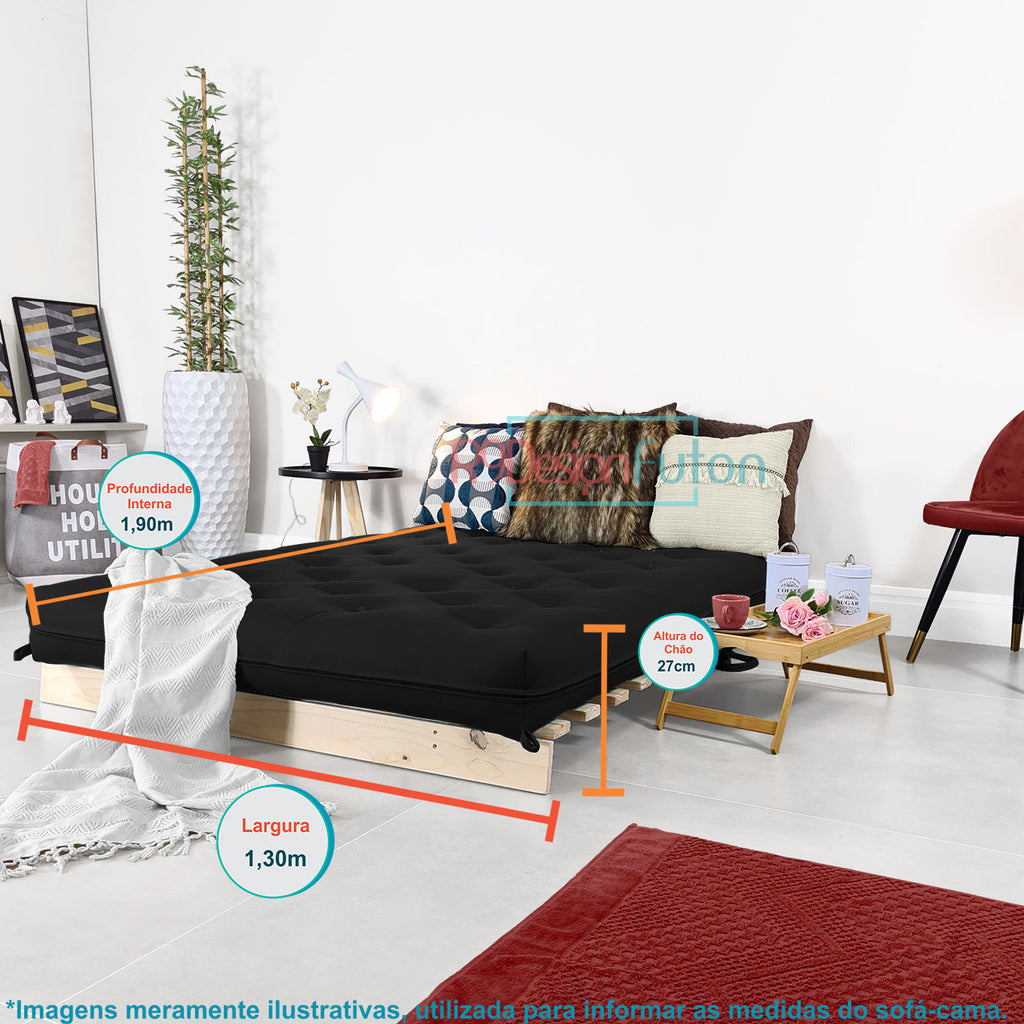 Sofá Cama Casal Futon Tokio D33 Madeira Pinus Natural - Preto