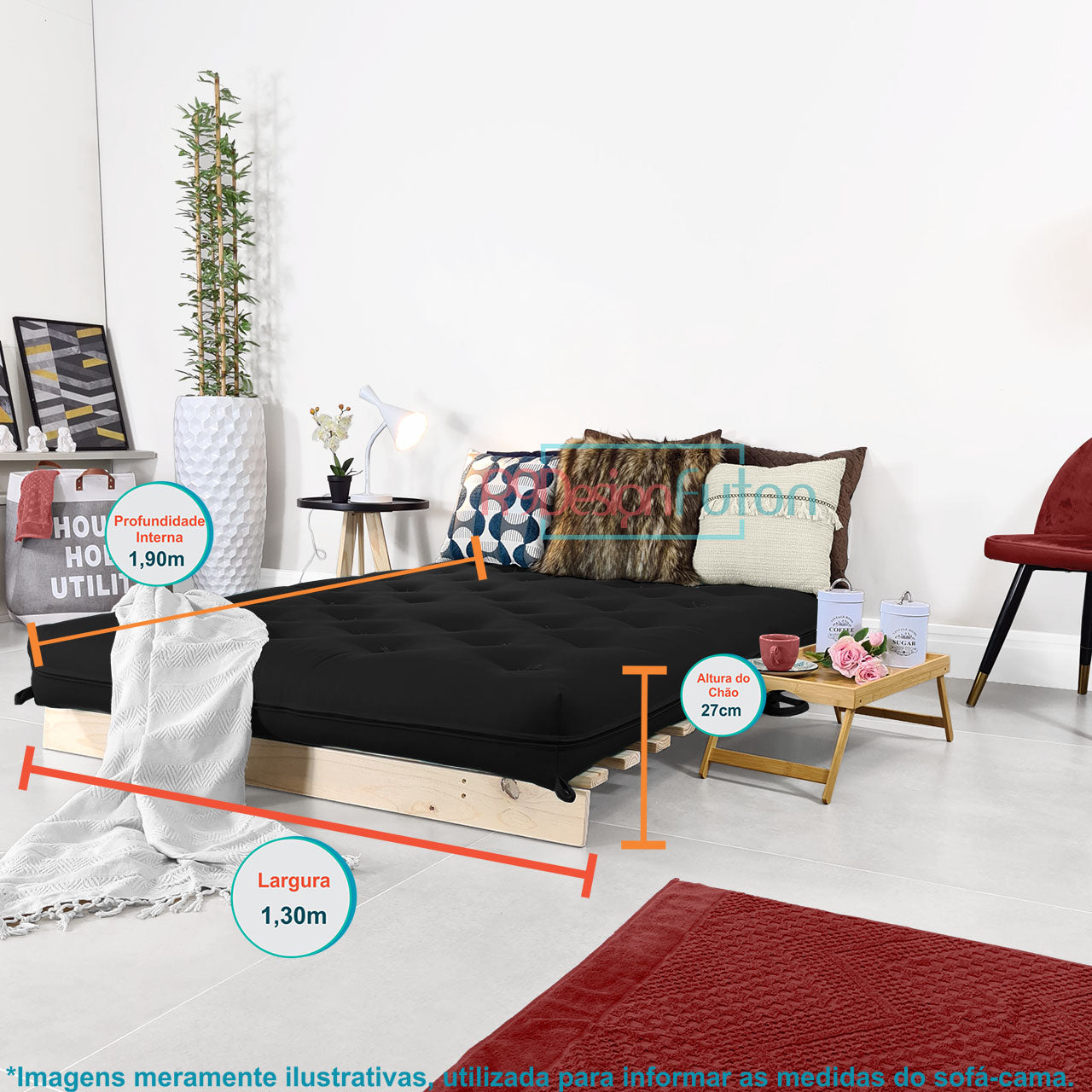 Sofá Cama Casal Futon Tokio D33 Madeira Pinus Natural - Preto