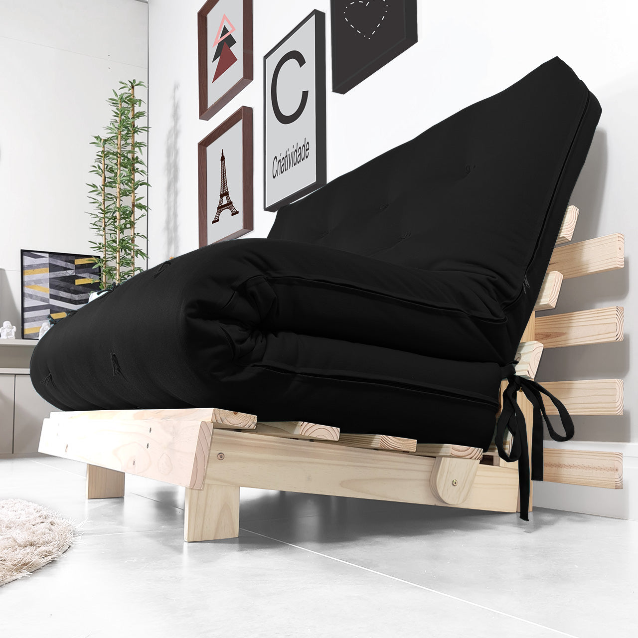 Sofa Cama Futon Casal Tokio Madeira Maciça Acquablock Preto