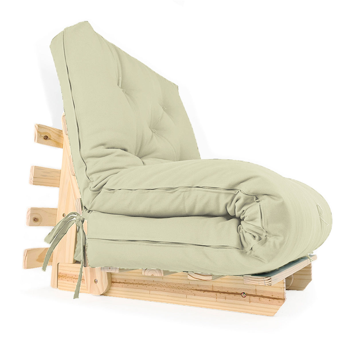 Sofa Cama Solteiro Futon Dobrável - Madeira Natural Sarja Bege