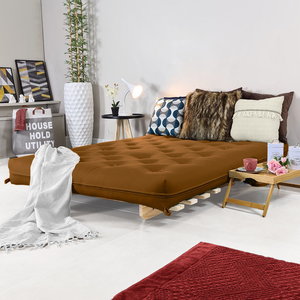 Sofa Cama Casal Futon Oriental D33 Com Madeira Maciça - Caramelo