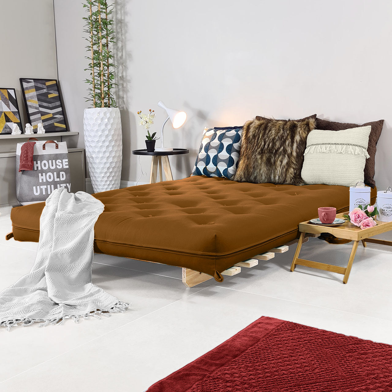Sofa Cama Casal Futon Oriental D33 Com Madeira Maciça - Caramelo