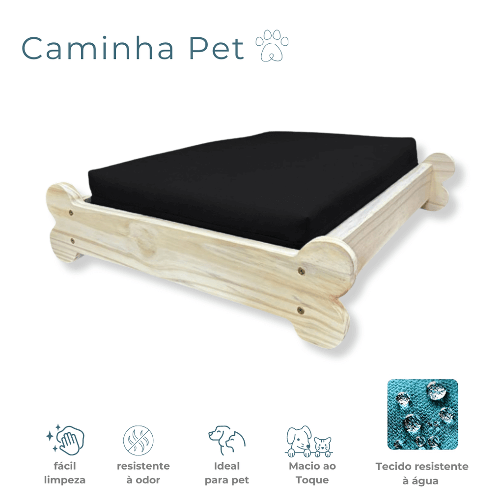 Cama Caminha Pet Impermeável Madeira Maciça - Preto