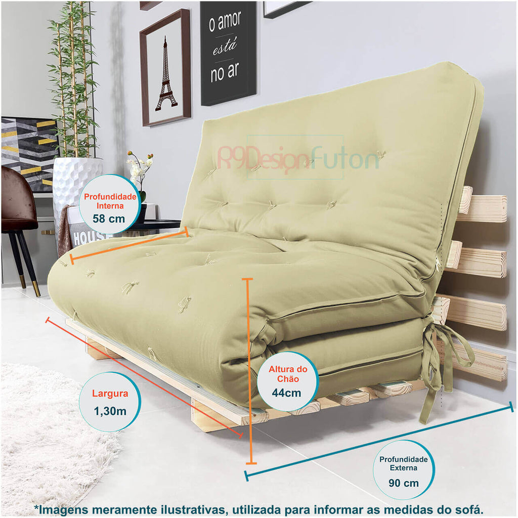 Sofa Cama Casal Futon Oriental  Madeira Maciça Sarja Bege