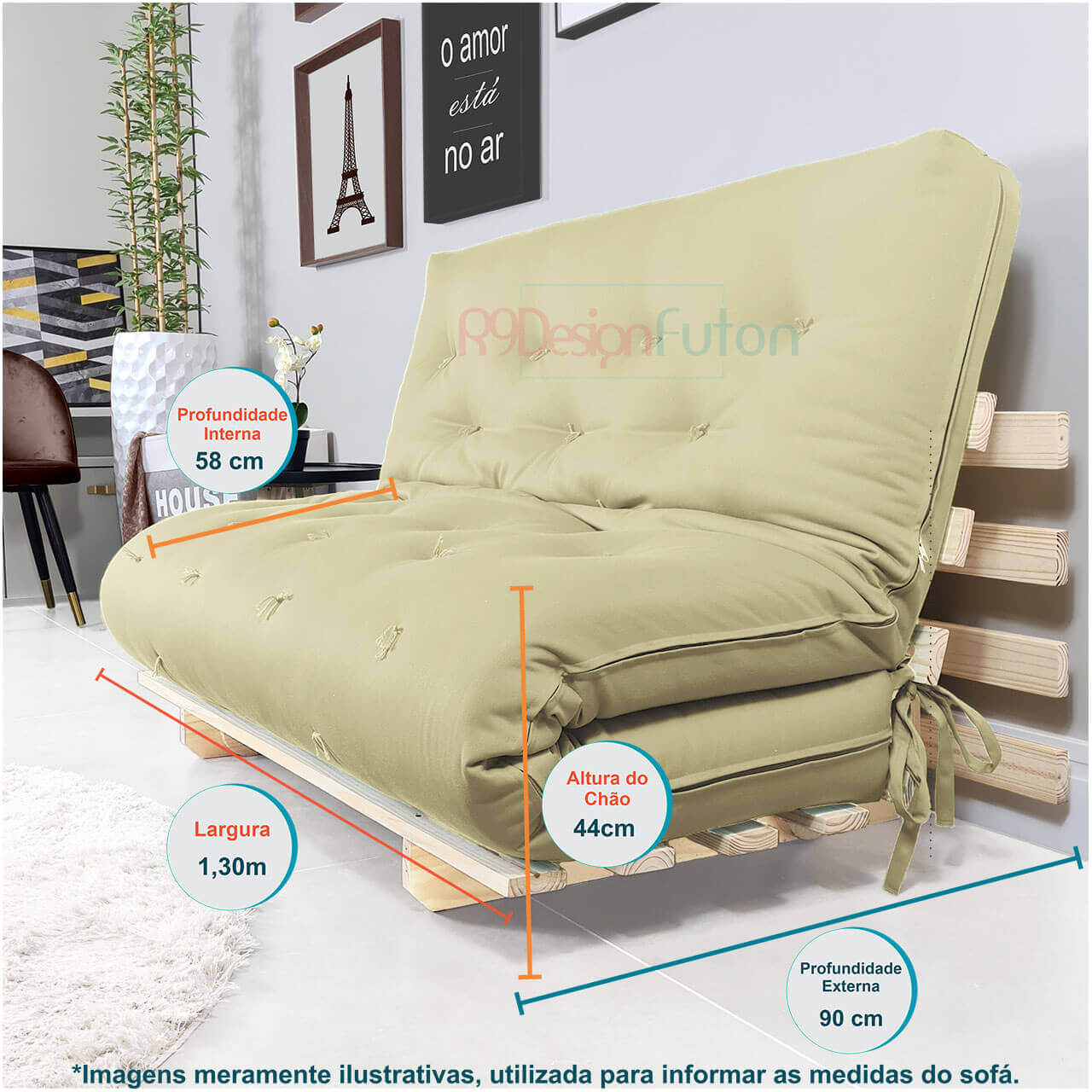 Sofa Cama Casal Futon Oriental  Madeira Maciça Sarja Bege