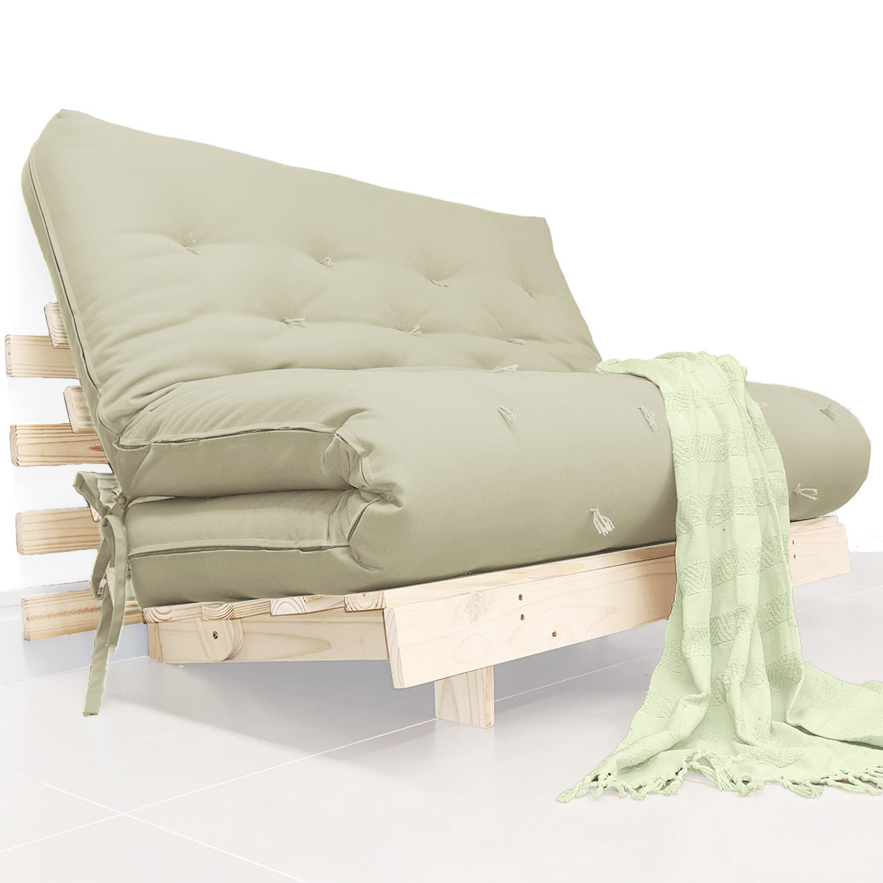 Sofá Cama Casal Futon Tokio D33 Madeira Pinus Natural - Bege Claro