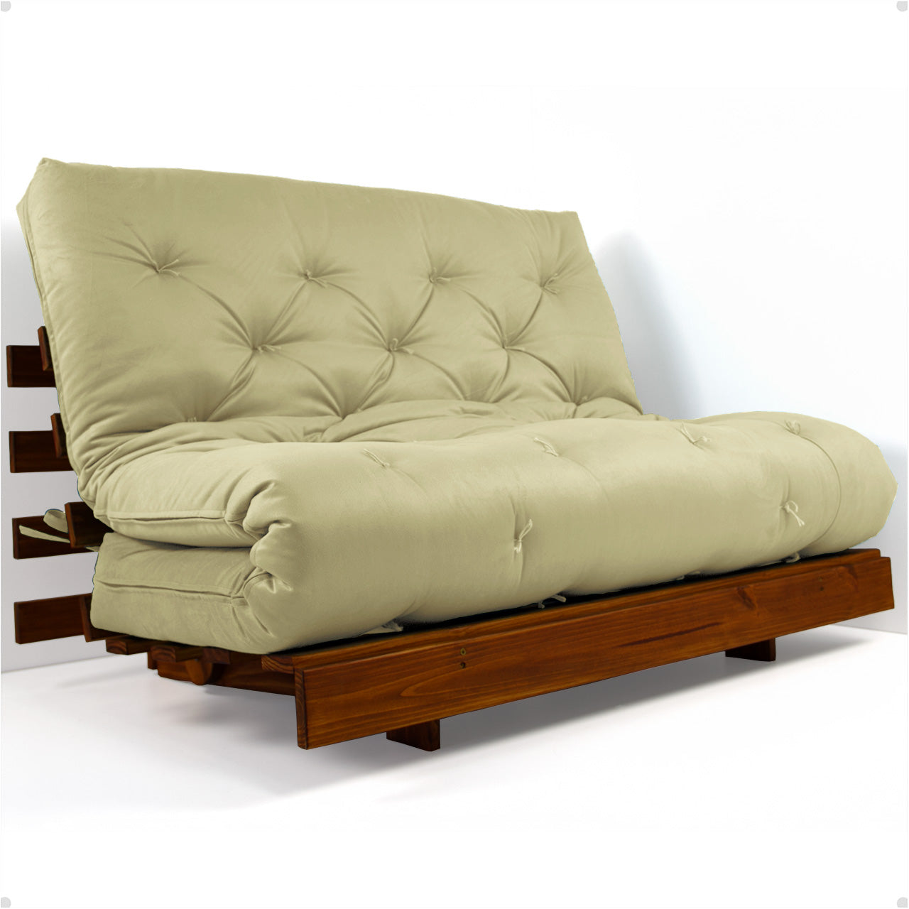 Sofá Cama Casal Futon Tokio D33 Madeira Maciça Cor Imbuia - Bege Claro