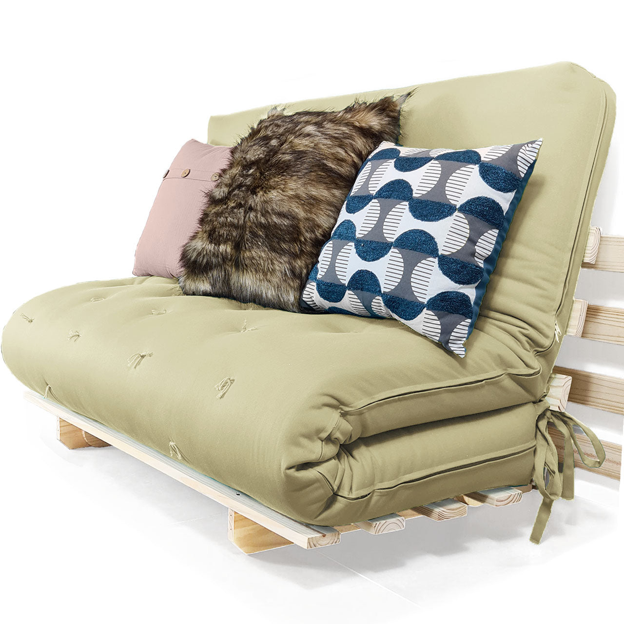 Sofa Cama Casal Futon Oriental D33 Com Madeira Maciça - Bege Claro