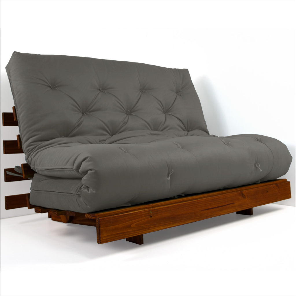 Sofá Cama Casal Futon Tokio Madeira Cor Imbuia Sarja Cinza
