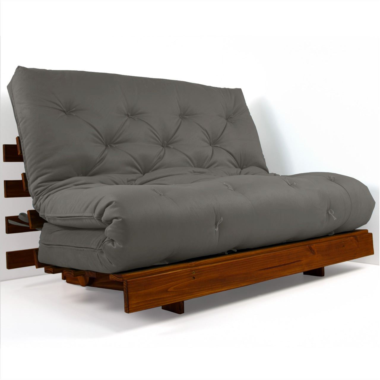 Sofá Cama Casal Futon Tokio Madeira Cor Imbuia Sarja Cinza